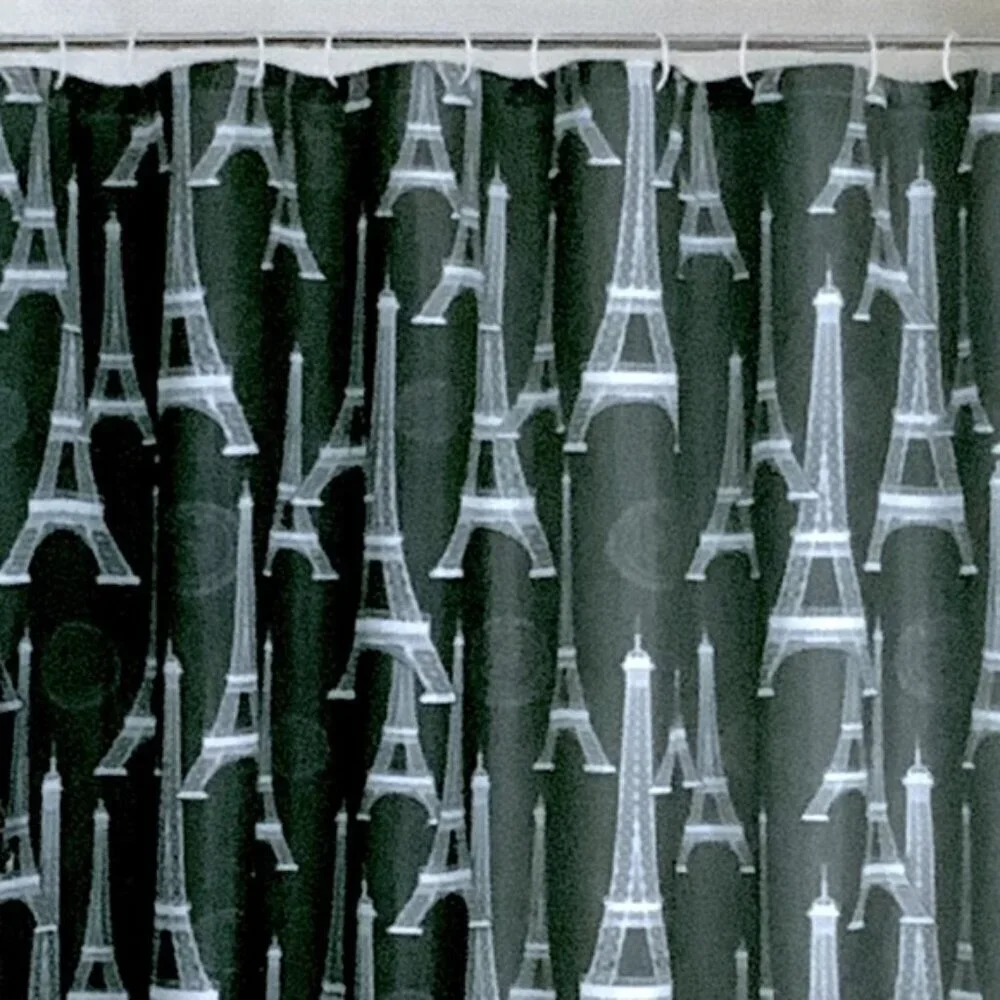 Blissful Bath Paris Shower Curtain Fabric Paris Eiffel Tower Hooks Black White